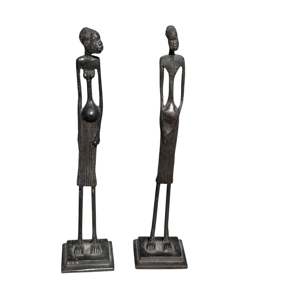 Vtg MCM Lot of 2 Elongated Bronze African Sculptures Tribal Art Giacometti style